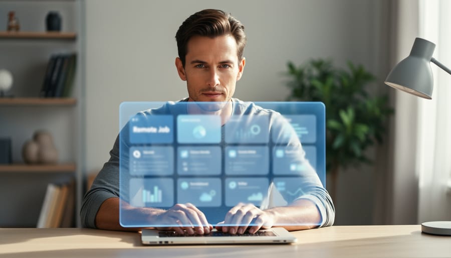 Person working on a laptop at a home desk with a softly glowing virtual remote job board panel shown above the keyboard through blurred icons.