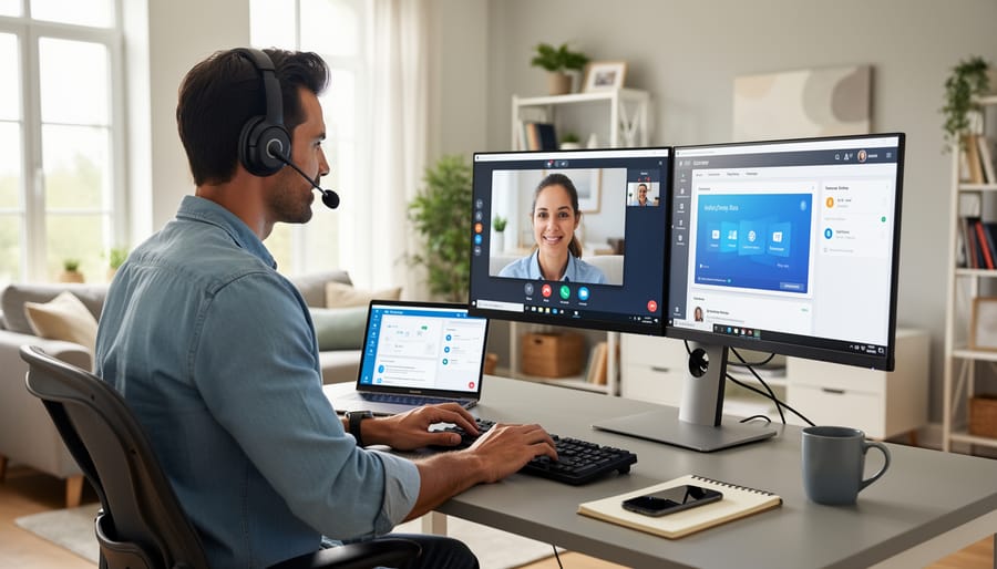 Remote tech support specialist wearing a headset at a laptop in a home office.