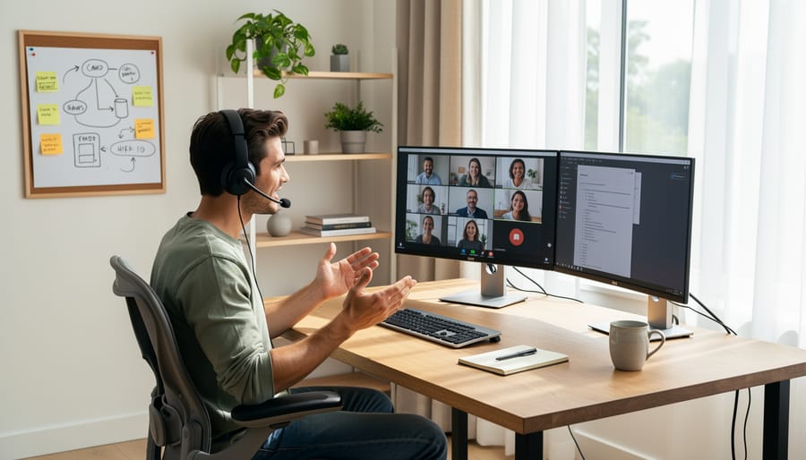 Remote worker using a laptop at home with a headset and desk setup