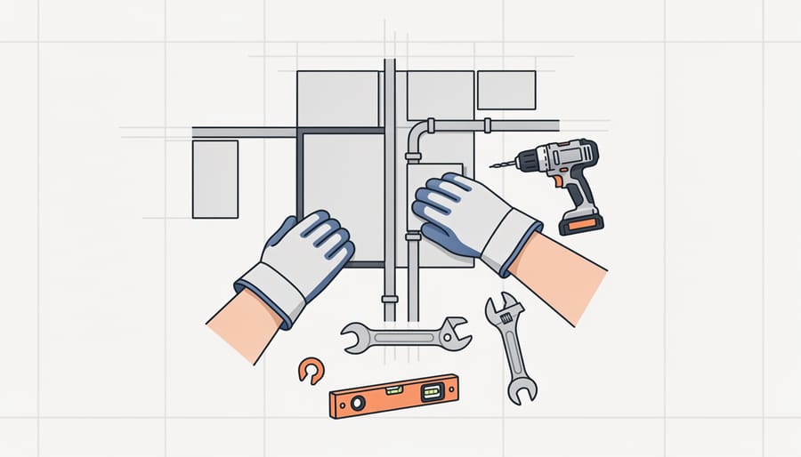 Electrician or plumber’s hands installing copper piping with a wrench and spirit level in a work-in-progress bathroom.