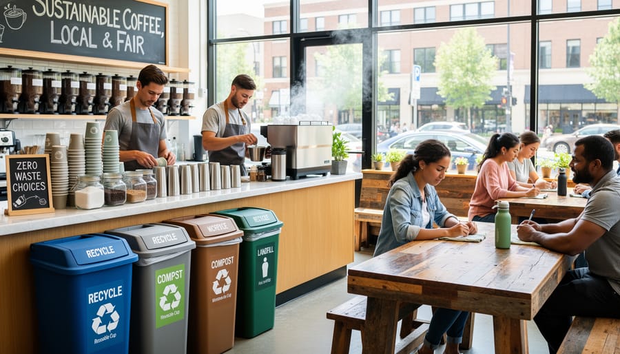 Sustainability consultant and café owner reviewing compost and reusable containers in a small café.