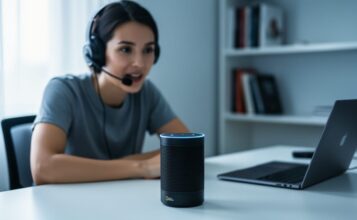 “Person wearing a headset microphone speaking to a smart speaker on a desk in a modern workspace.”