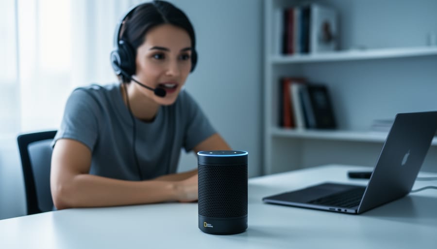 “Person wearing a headset microphone speaking to a smart speaker on a desk in a modern workspace.”