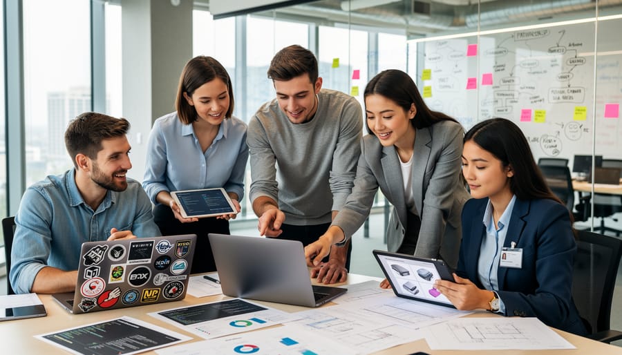 Young professionals collaborating with laptops in a modern office setting