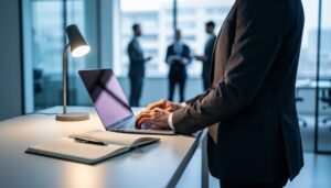 Professional at a modern desk with an open laptop and notebook, illustrating ongoing career development and professional growth.