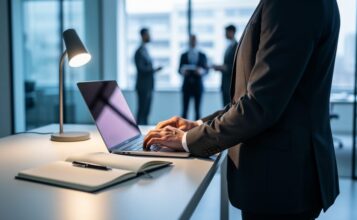 Professional at a modern desk with an open laptop and notebook, illustrating ongoing career development and professional growth.