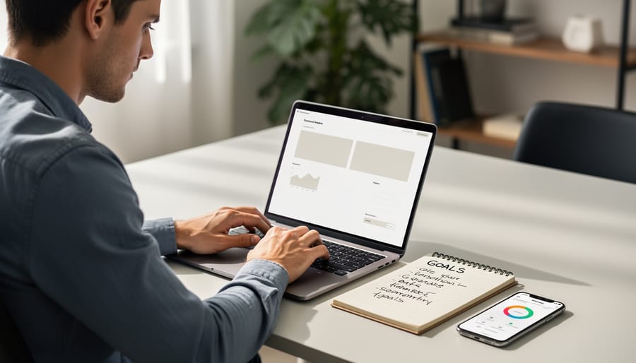 Person planning career development at a desk with a laptop, handwritten notes, and a phone progress tracker icon.