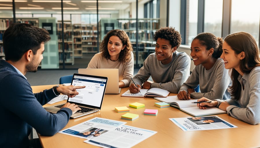 Students and early-career professionals gathered around a desk with notebooks, collaborating while discussing career ideas.