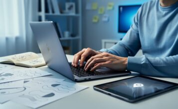 “Tech professional reviewing career exploration notes beside a laptop on a desk with a modern, focused workspace background.”