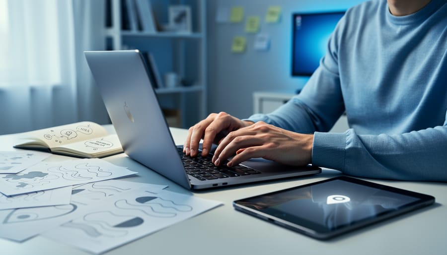 “Tech professional reviewing career exploration notes beside a laptop on a desk with a modern, focused workspace background.”