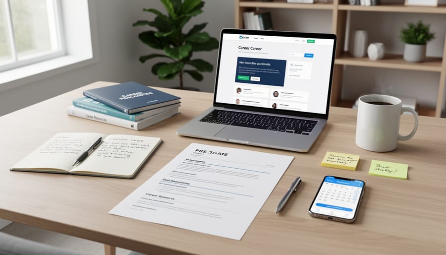 Laptop, resume draft, notebook, and smartphone on a desk representing career development tools.