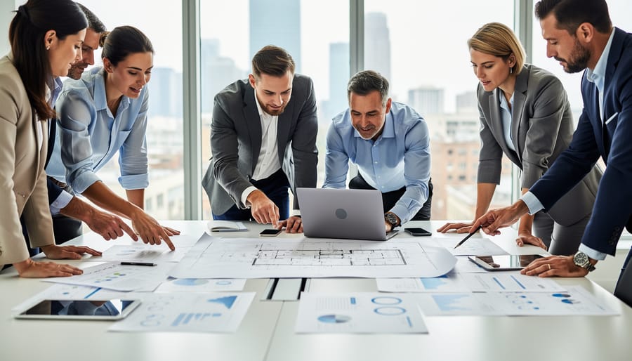 People collaborating around a prototype during a meeting with a whiteboard in the background