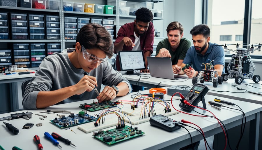 A young tech professional working on a hardware prototype at a coworking workstation.