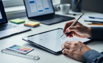 “UX designer using a stylus on a tablet with a blank interface grid, alongside a color palette card and design tools on a desk.”