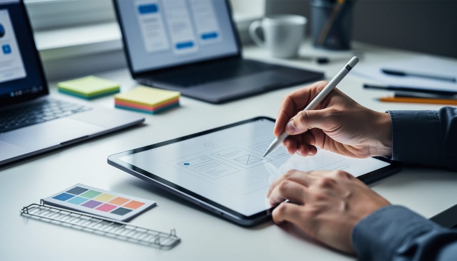 “UX designer using a stylus on a tablet with a blank interface grid, alongside a color palette card and design tools on a desk.”