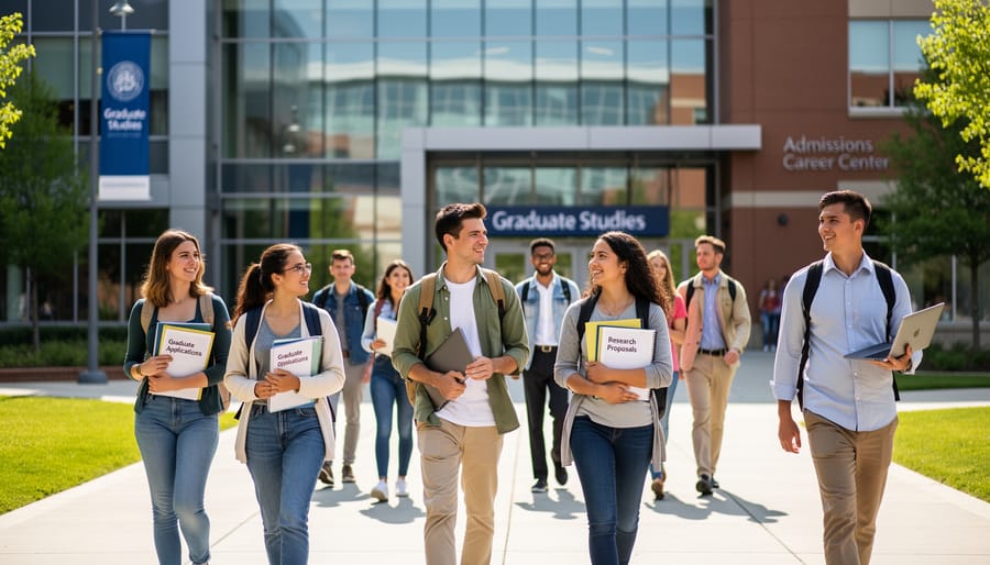 Diverse international graduate students walking on a university courtyard in golden hour light