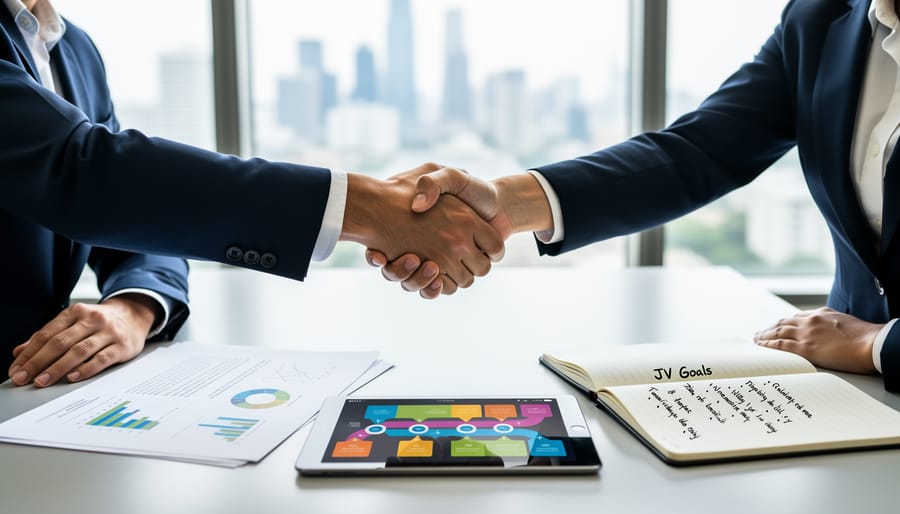 Two early-career professionals shaking hands across a table with an open laptop and shared project documents