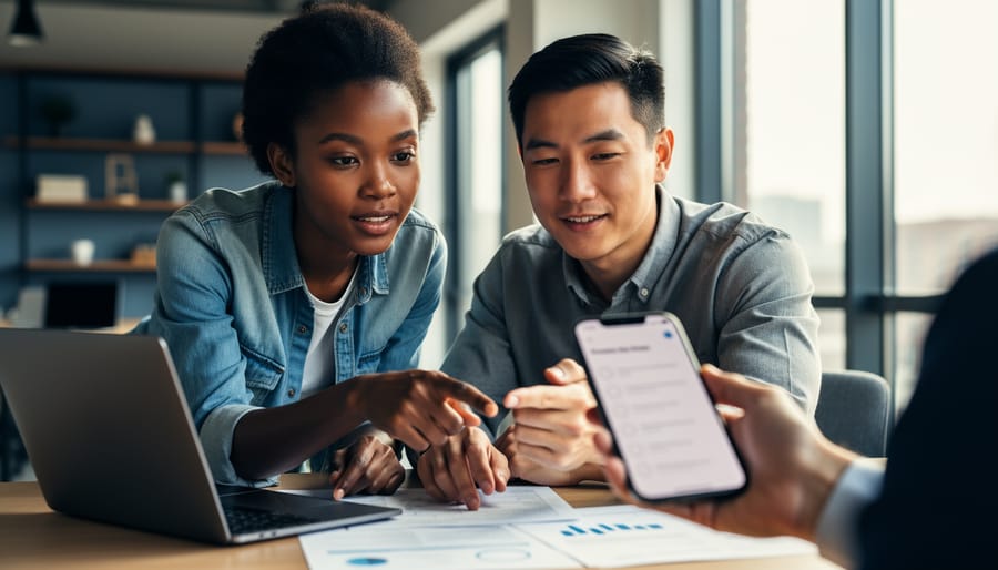 jv-partnerships-eligibility-how-to-apply-collaboration-feature Young professionals collaborating at a coworking table, with shared documents and a laptop representing a joint venture partnership.
