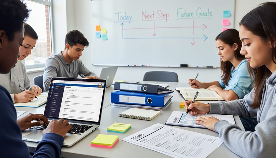 Young professional studying in a university library with notebook and smartphone