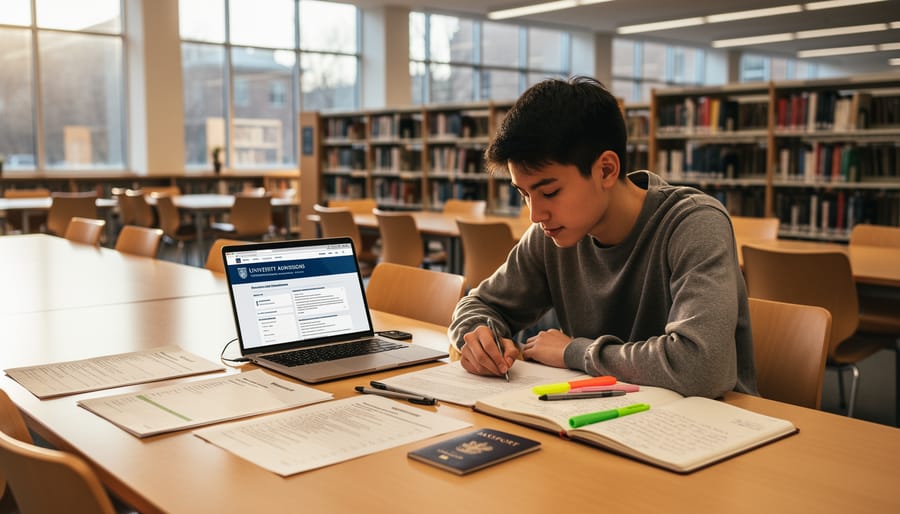 Student studying in a university library with documents and a laptop