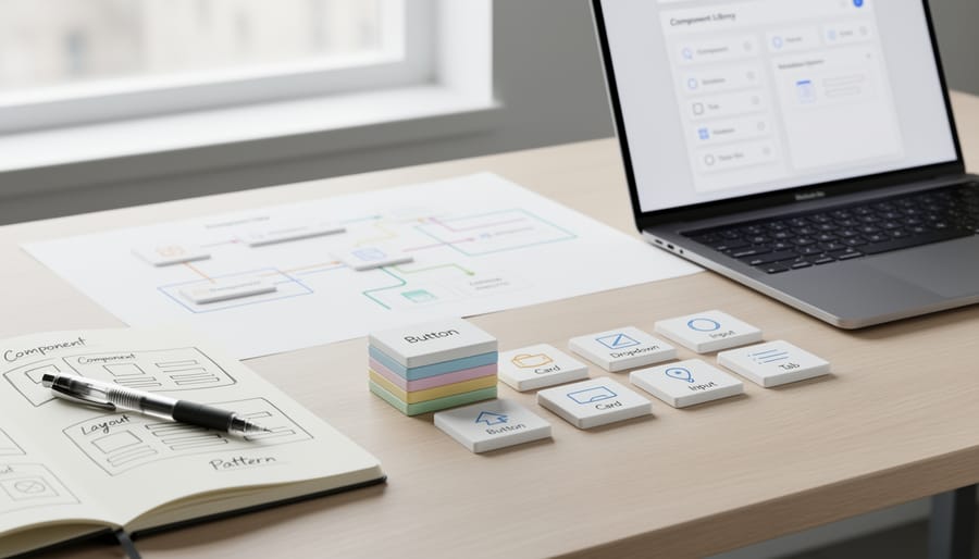Overhead view of colorful physical UI component tiles on a desk
