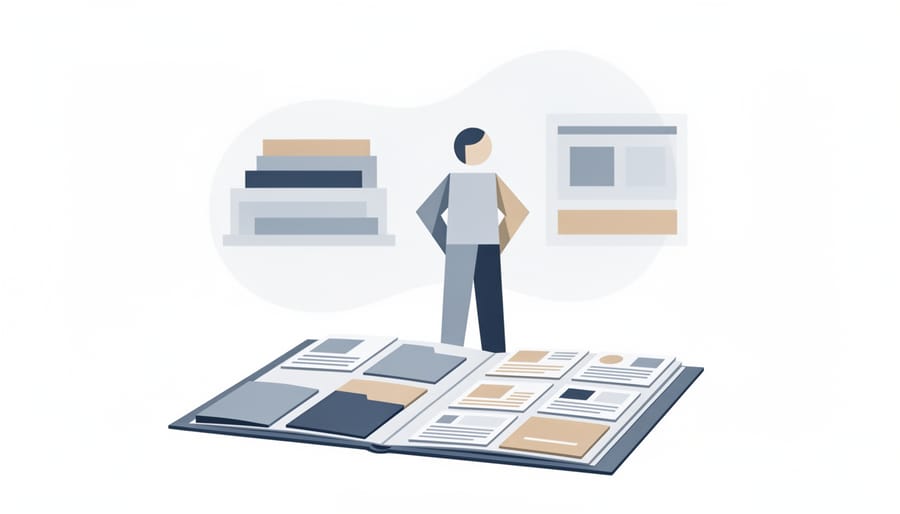 Hand placing a portfolio folder and small framed photo to represent building a professional brand.