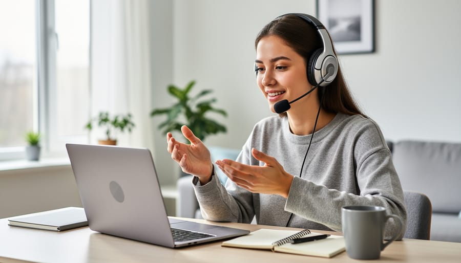 Customer support agent wearing a headset working from home office at a laptop.