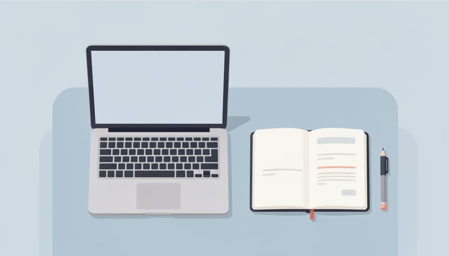 Laptop and notebook on a desk with blank sticky notes and other career-exploration materials nearby.