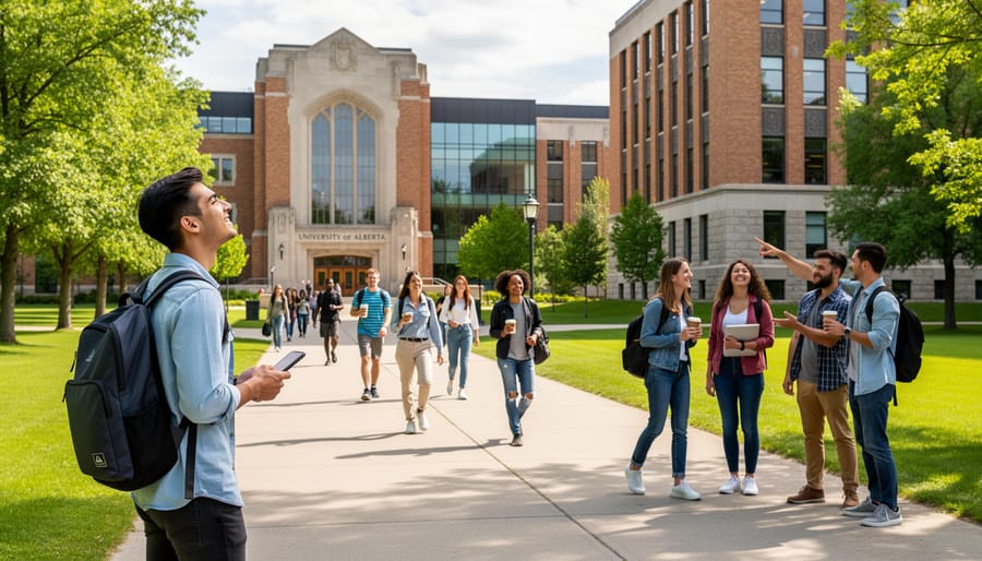International students walking on the University of Alberta campus exterior