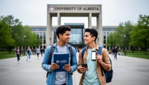 International student couple preparing admissions documents at the University of Alberta campus entrance with university buildings and trees in the background.