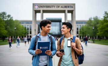 International student couple preparing admissions documents at the University of Alberta campus entrance with university buildings and trees in the background.