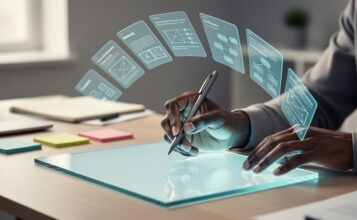 Diverse UX designer’s hands using a stylus on a blank glowing interface in a modern workspace, representing user-centered problem solving in 2026.