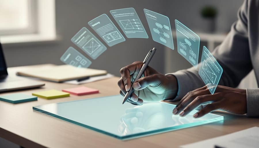 Diverse UX designer’s hands using a stylus on a blank glowing interface in a modern workspace, representing user-centered problem solving in 2026.