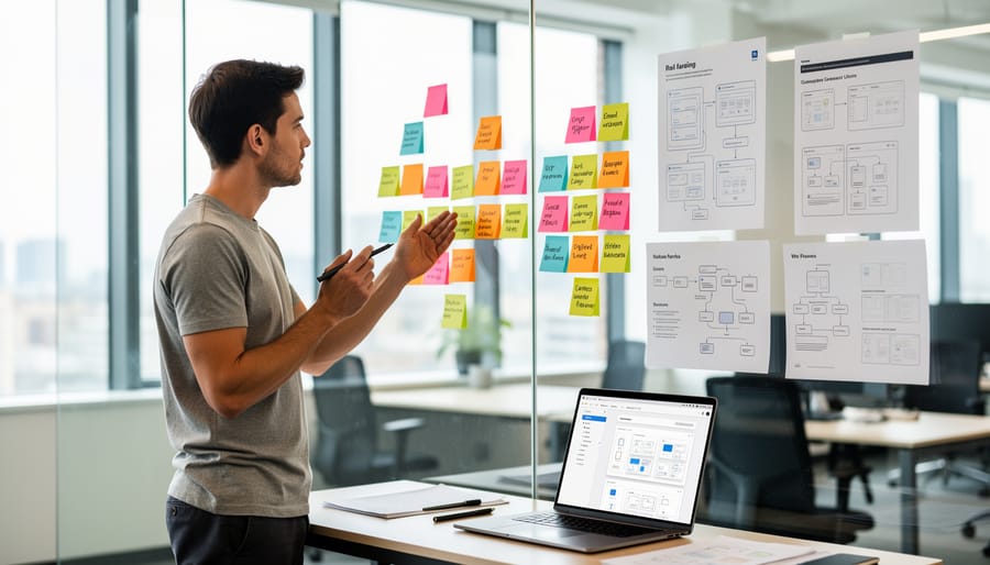 UX designer in a modern office reviewing notes on a desk with blurred coworkers and laptops in the background