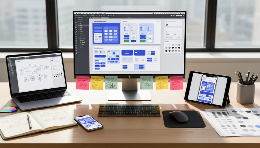 Designer’s hands working with a stylus and sketch notebook at a modern desk