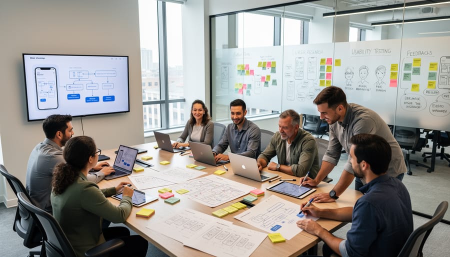 People collaborating in a coworking space listening to a presenter with plants and shelves in the background