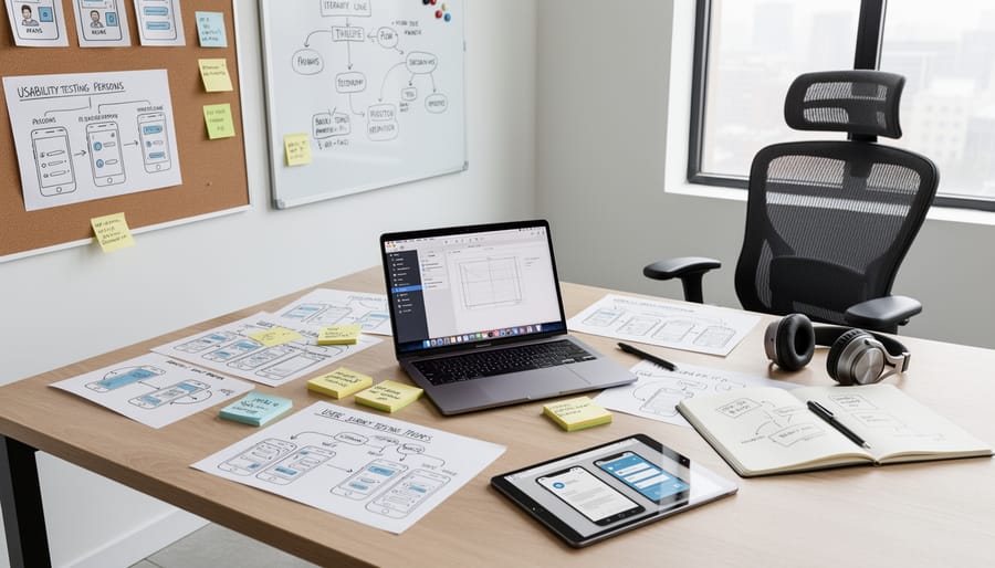 Laptop and desk tools next to blank paper and a paper prototype model in a minimal workspace