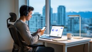 Student working from home in Vancouver with a laptop and phone, positioned by a window with a softly blurred city skyline behind.