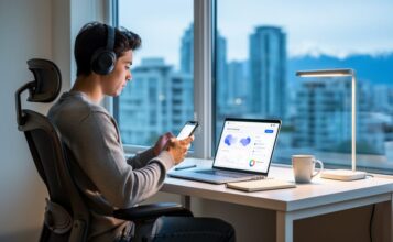 Student working from home in Vancouver with a laptop and phone, positioned by a window with a softly blurred city skyline behind.