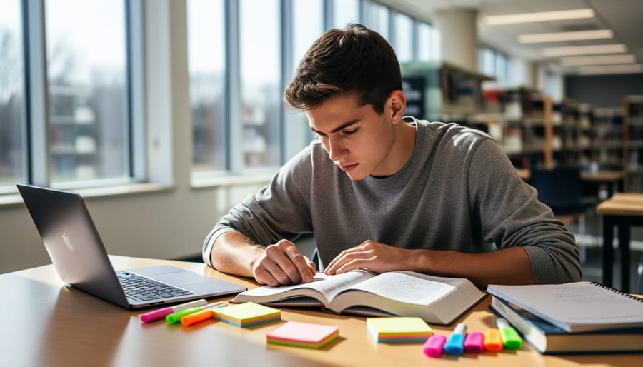 Young academic studying at a library desk with notebook and laptop, looking determined