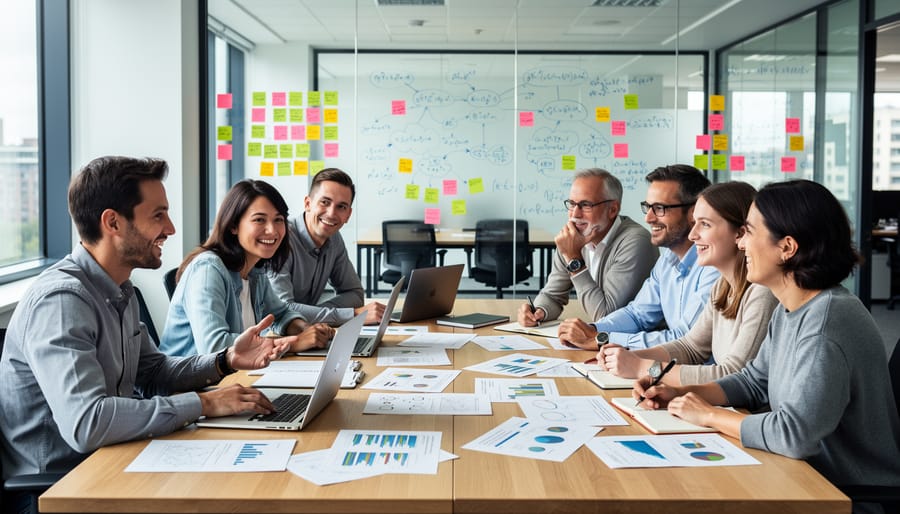 Group of young professionals collaborating around a table with research materials