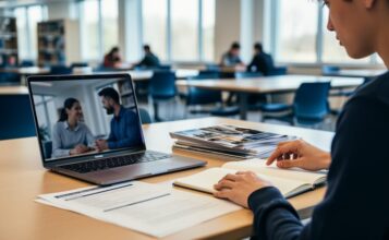 Student organizing a notebook and portfolio materials on a library desk in front of an open laptop, representing proactive learning and career preparation.