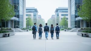 A small group of international students walks on a Canadian university campus under an overcast sky, with fewer people on the pathway than a typical busy day.
