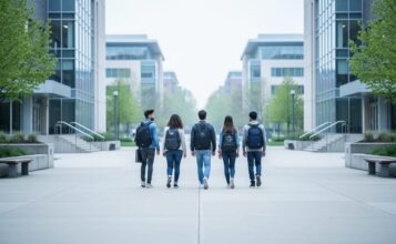 A small group of international students walks on a Canadian university campus under an overcast sky, with fewer people on the pathway than a typical busy day.