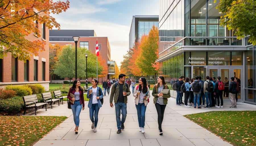 International students walking through a Canadian university campus courtyard.