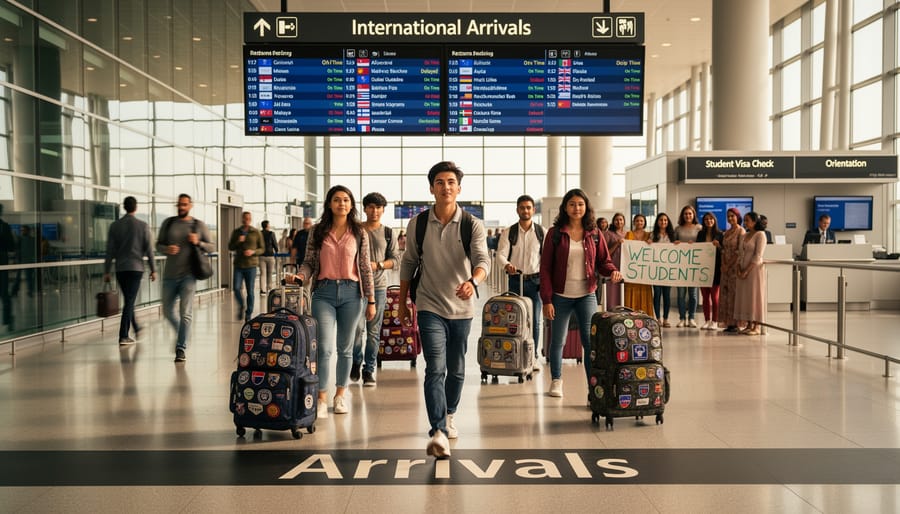International students arriving at an airport with backpacks and passports in a Canadian context.